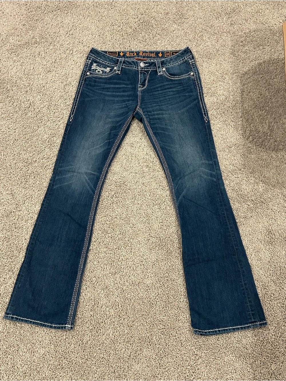 Rock Revival Dark Blue Flare Jeans with Embroidered Pockets
